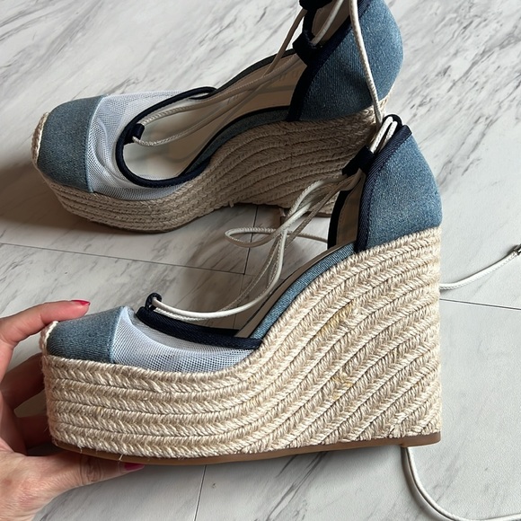 Gianni Bini Santoro two denim ankle wrap espadrille platform jean blue mesh 6 - Picture 3 of 8